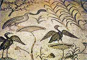 Labu, dva kormorni, rkos, papyrus a kvtouc kee na mozaice v kostele v Tabgha (14 kB)