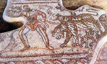 Mu se dvma tygry na mozaice ze starovkho kostela v Erez (15 kB)