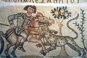 Lovec na koni útočí na mozaice v Kisufim na pantera (10 kB)