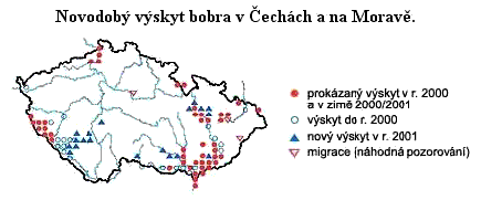 Mapa výskytu evropského bobra v Čechách a na Moravě (10 kB)